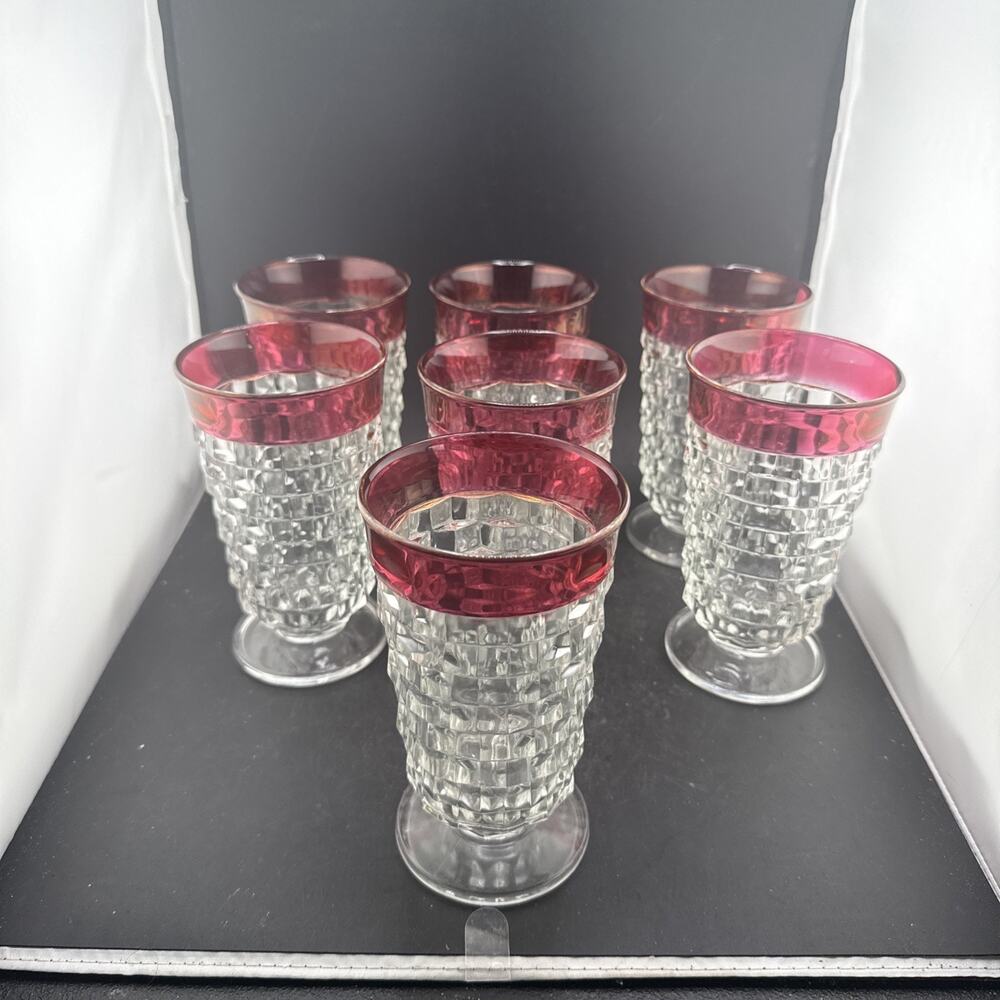 Vintage Colony Whitehall Ruby Flash Footed Glasses Set of 7 Indiana Glass Cubist